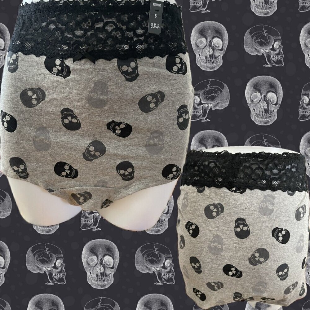 Torrid +6 Gray Heather Skull Graphic Wide Lace Waistband Cotton Boyshort Panties